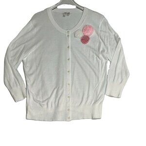 Madison Womens White Cardigan With Floral Appliqué Size L Cotton & Nylon